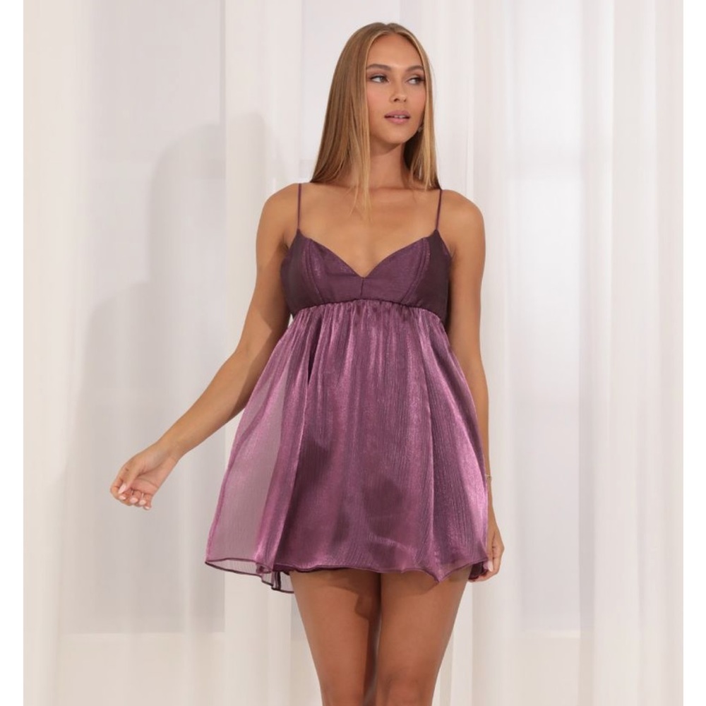 Lucy in the Sky Kami Organza Baby Doll Dress in Purple. Size Small